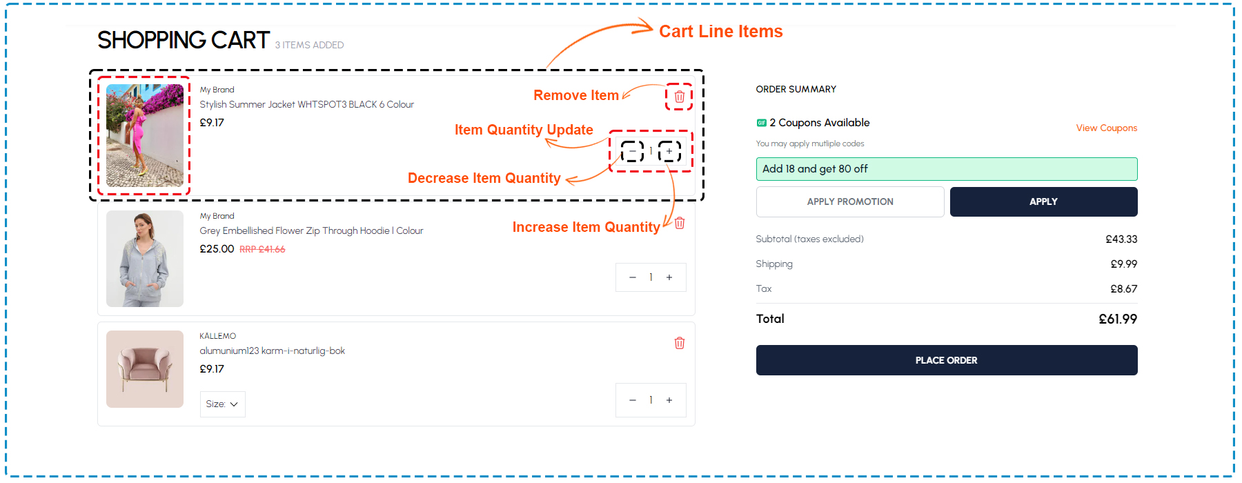 Quantity adjustment and item removal